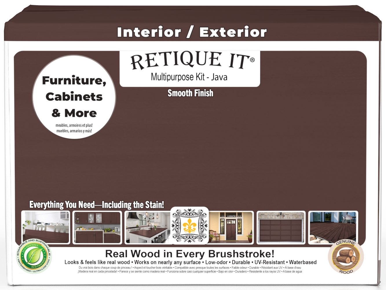 Retique It® wood finish kit in Java with four large containers, featuring smooth finish and multi-purpose wood finishing tools.