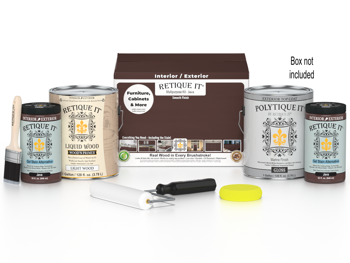 Retique It Multi-purpose Smooth Finish Kit in Java, exterior wood top coat with four large wood finish containers and application tools.