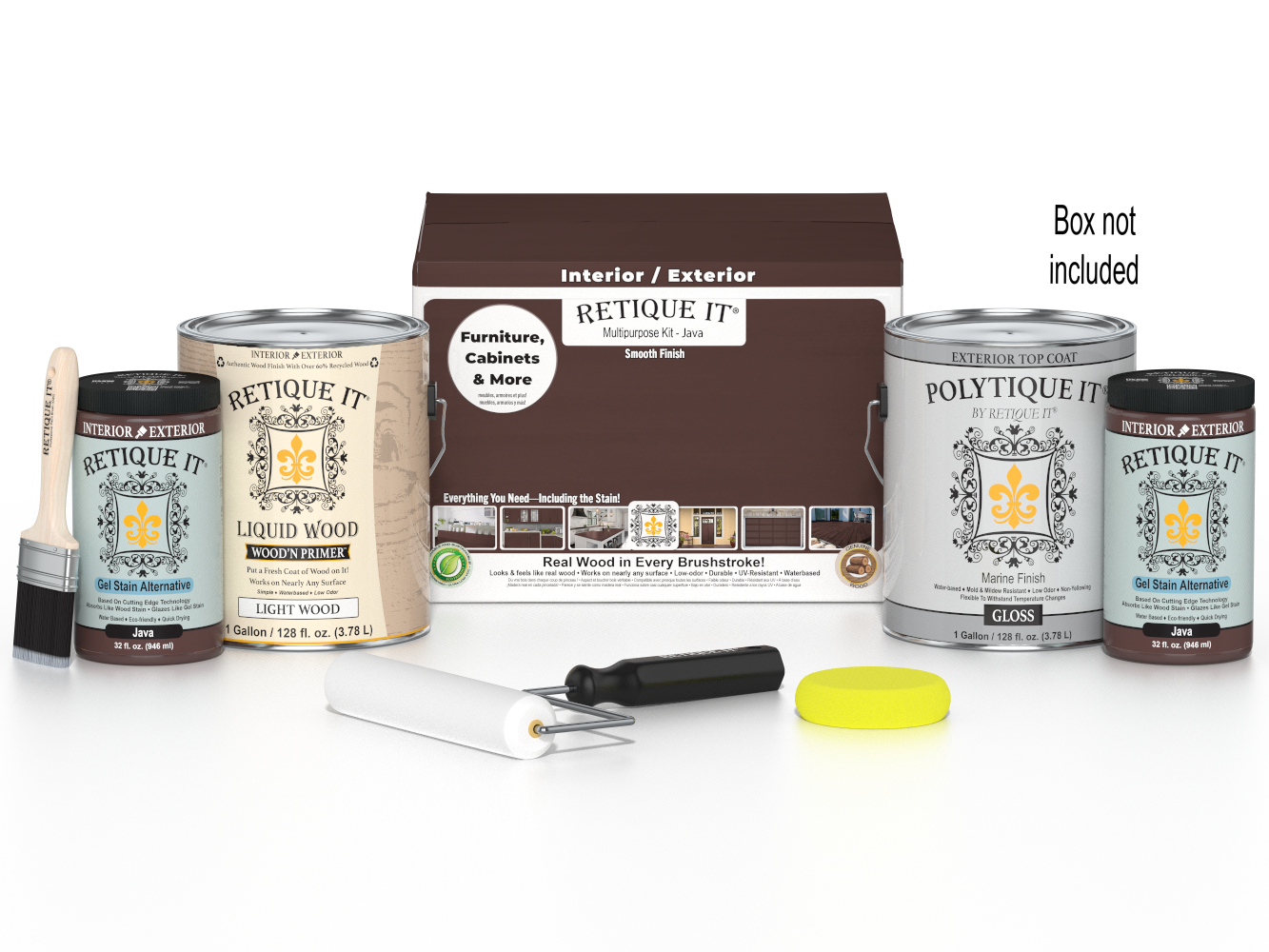 Retique It® Java multi-purpose smooth finish kit with four large exterior top coat wood finish bottles and application tools.