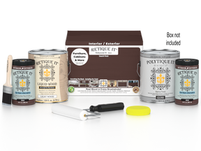 Retique It® Java multi-purpose smooth finish kit with four large exterior top coat wood finish bottles and application tools.