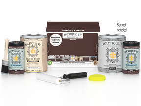 Retique It® Multi-purpose Smooth Finish Kit in Java for exterior wood, featuring a matte top coat and four large wood finish components.
