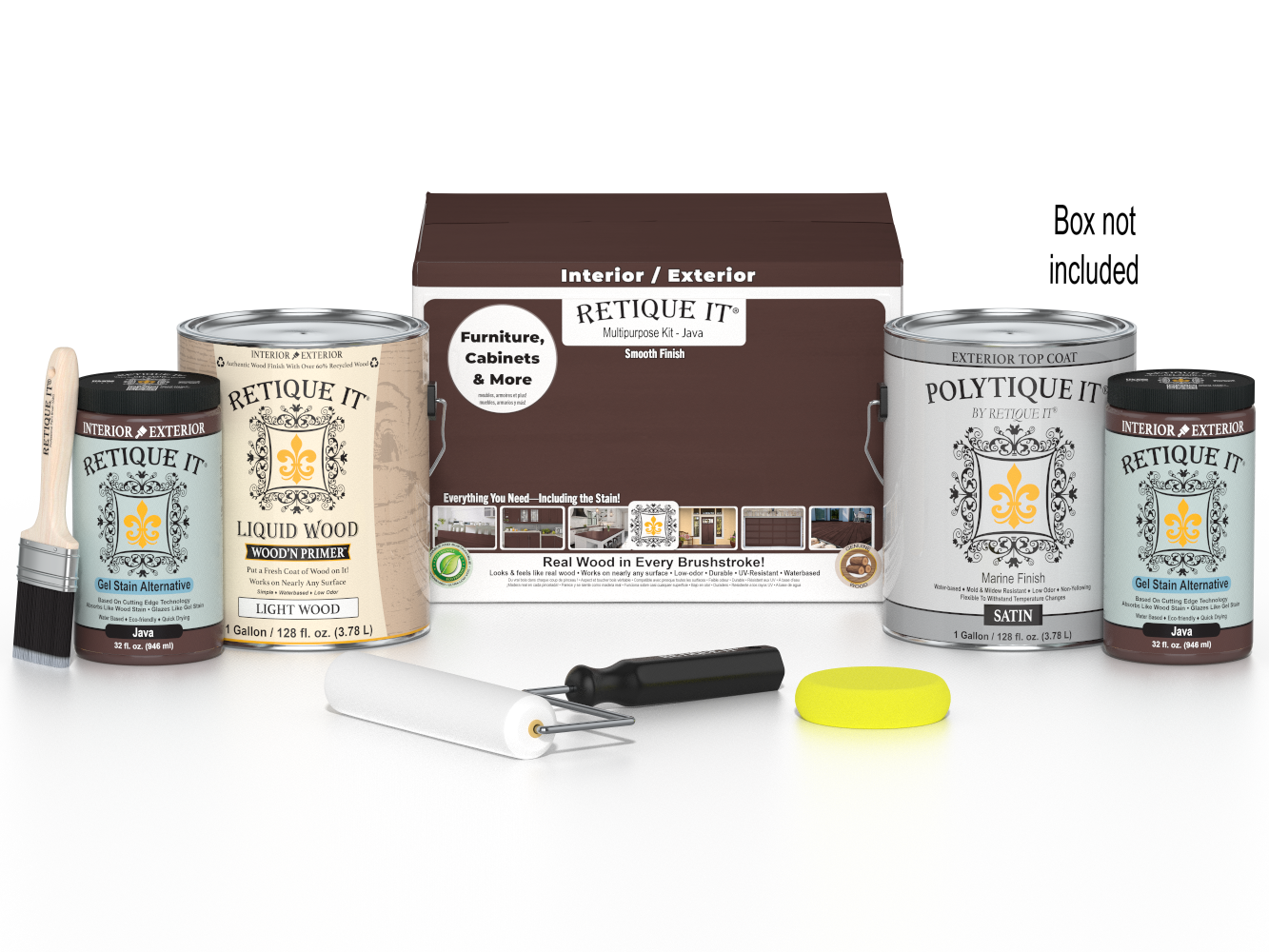 Retique It® wood finish kit with four large Java exterior top coat bottles and applicator brushes in a box.