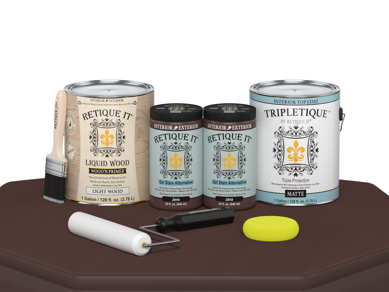 Retique It® Multi-purpose Smooth Finish Kit in Java with satin top coat, featuring four large wood finish bottles and application tools.
