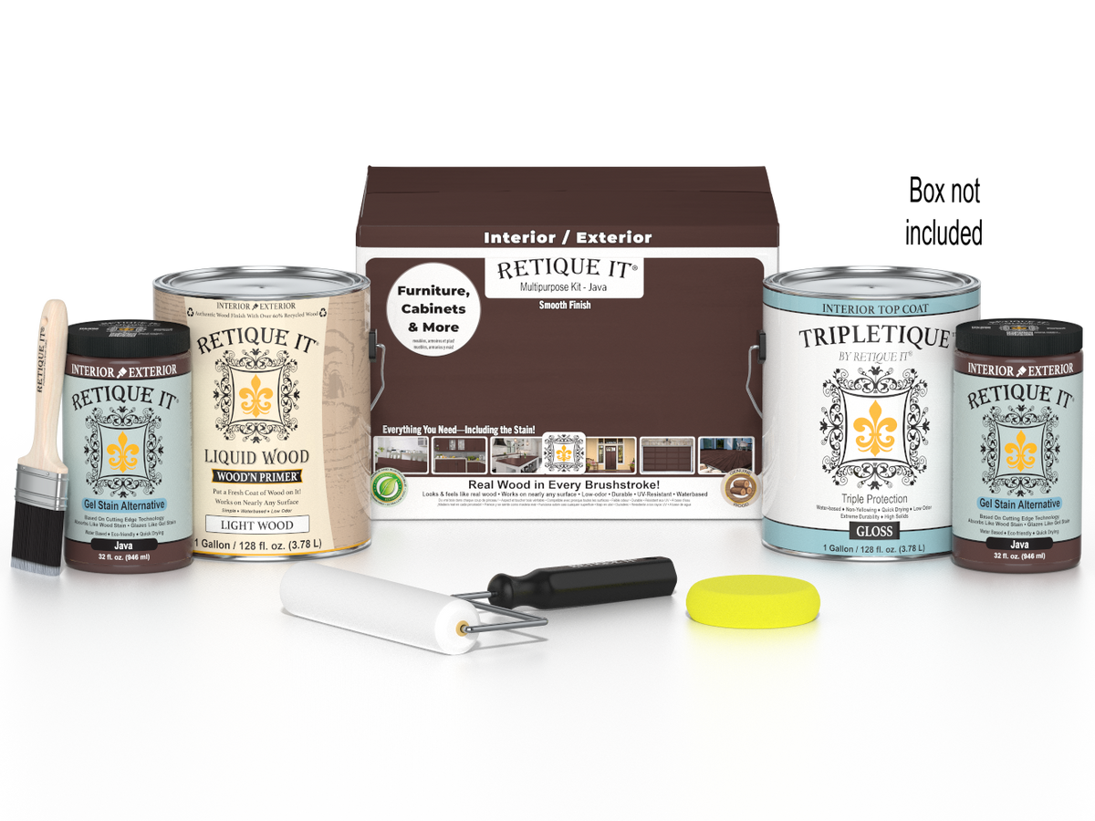 Retique It Java Multi-purpose Smooth Finish Kit (4x Large) for interior wood projects with top coat in a wood finish box.