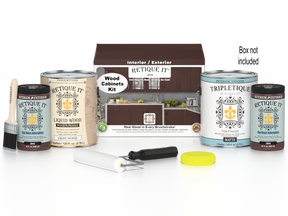Retique It® Wood'n Cabinet Kit with 48 Java-stained, smooth cabinet doors and hardware, ideal for kitchen or bathroom renovation.