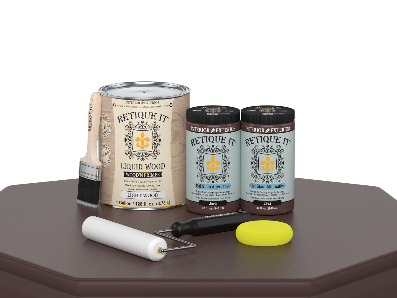 Retique It® Java multi-purpose wood finish kit with four large containers, featuring smooth finish for furniture and wood projects.