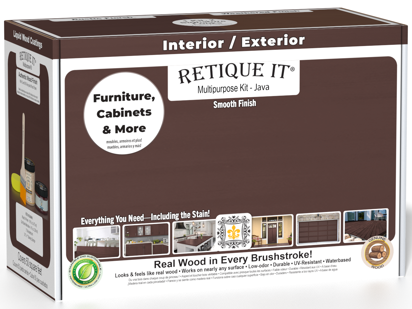 Retique It® Multi-purpose Smooth Finish Kit in Java for interior wood furniture with matte top coat, includes wood finishing supplies.