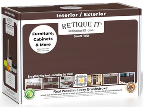 Retique It® Multi-purpose Smooth Finish Kit in Java for exterior wood, featuring a matte top coat and wood finishing components.