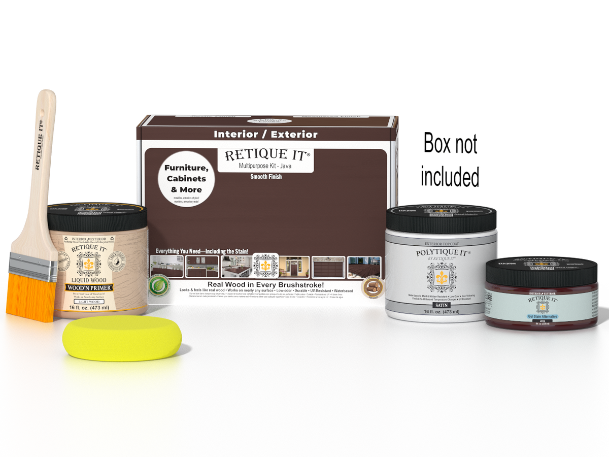 Retique It Java Multi-purpose Smooth Finish Kit for exterior wood, includes top coat, shown with application tools and packaging.