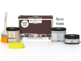 Retique It Java Multi-purpose Smooth Finish Kit for exterior wood, includes top coat, shown with application tools and packaging.