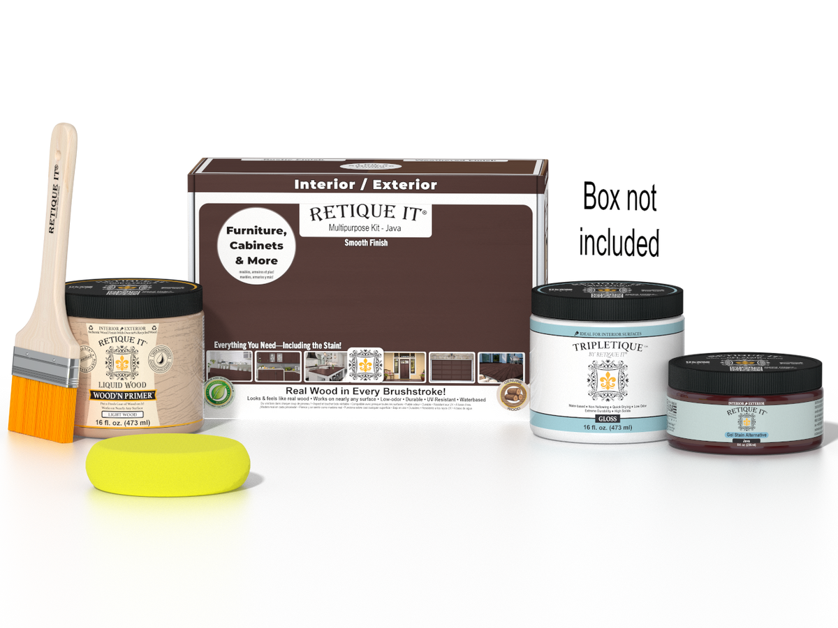 Retique It Multi-purpose Smooth Finish Kit in Java for interior wood surfaces, includes top coat with glossy finish and application tools.