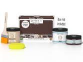 Retique It Multi-purpose Smooth Finish Kit in Java for interior wood surfaces, includes top coat with glossy finish and application tools.
