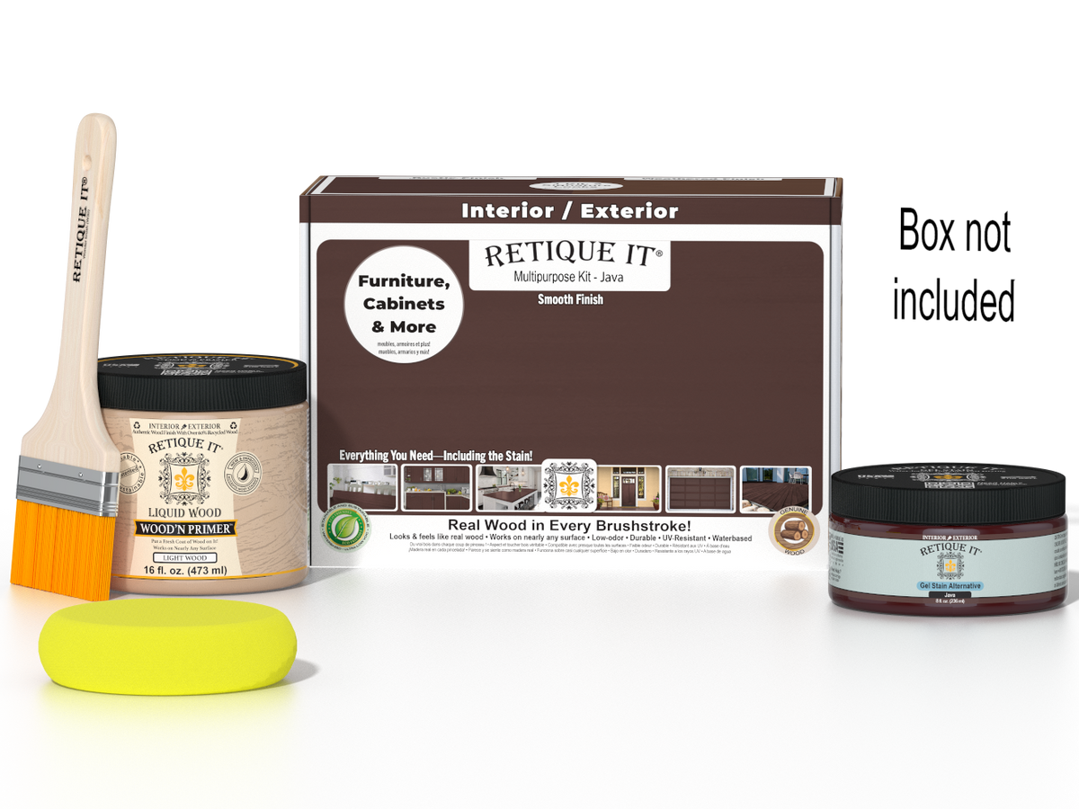 Retique It® Java Multi-purpose Smooth Finish Kit for wood, featuring a sleek finish and included tools in a box.