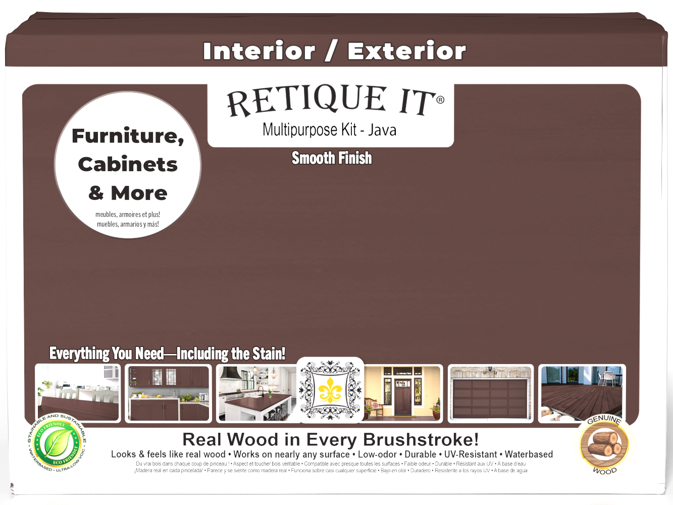 Large Java Multi-purpose Smooth Finish Kit by Retique It® for interior wood surfaces, includes top coat and matte finish.
