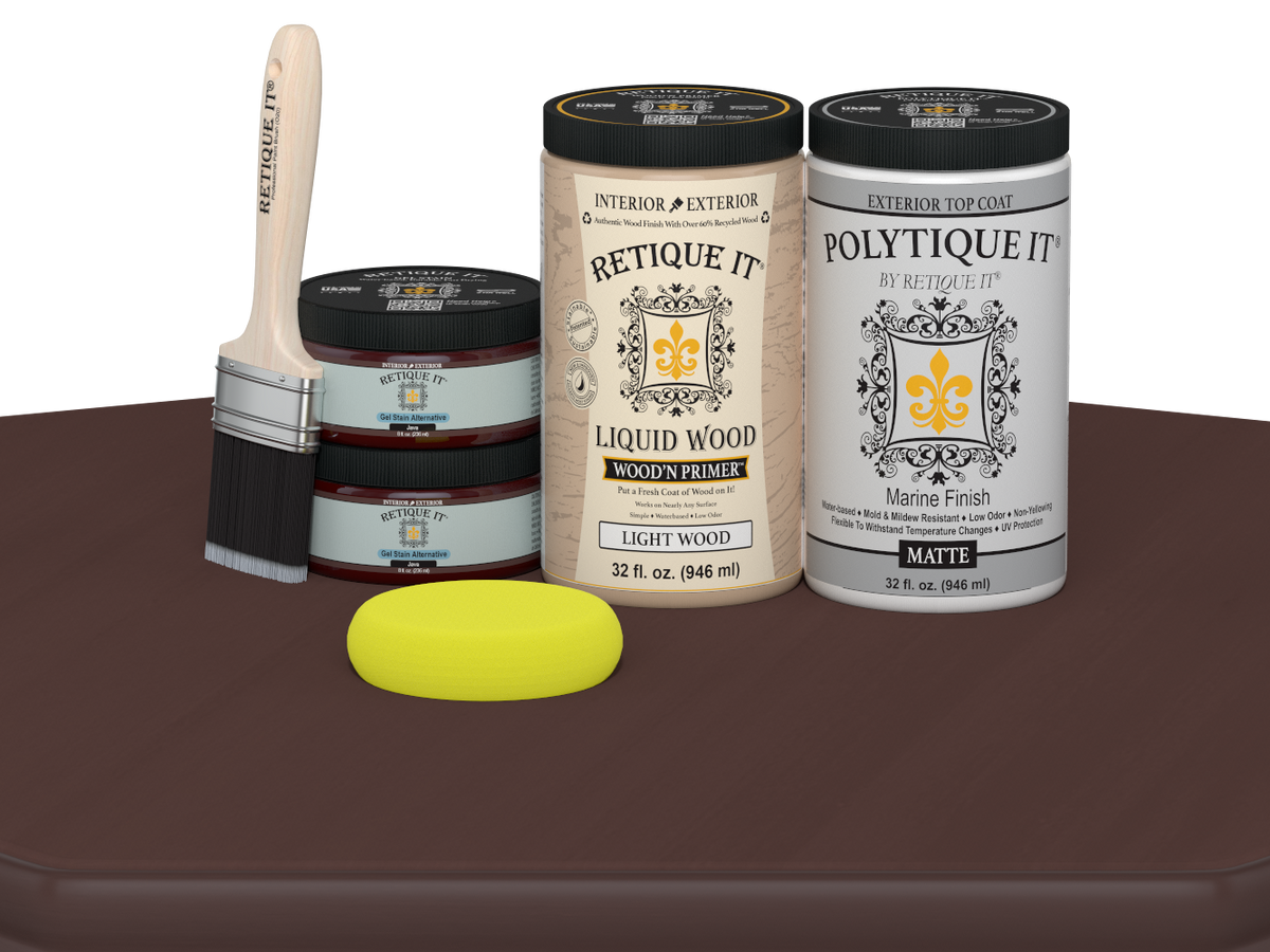 Retique It® Multi-purpose Smooth Finish Kit in Java with exterior satin top coat for wood furniture and surfaces.