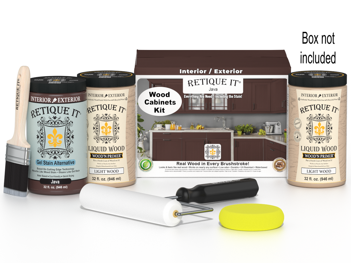 Retique It® Wood'n Cabinet Kit Java stain with 24 smooth cabinet doors, designed for easy home furniture renovation.