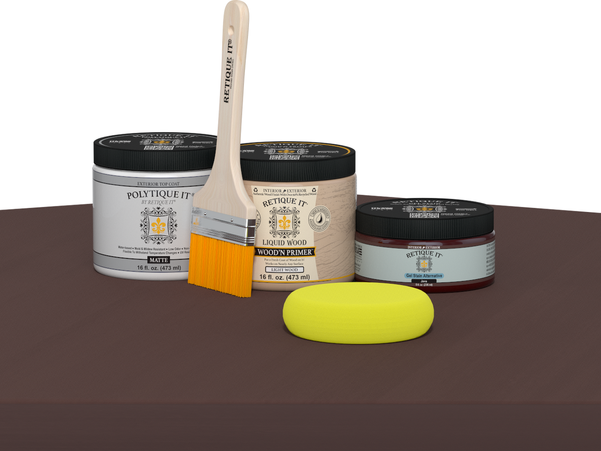 Retique It® Java Multi-purpose Smooth Finish Kit in satin for exterior wood projects, includes top coat and application tools.