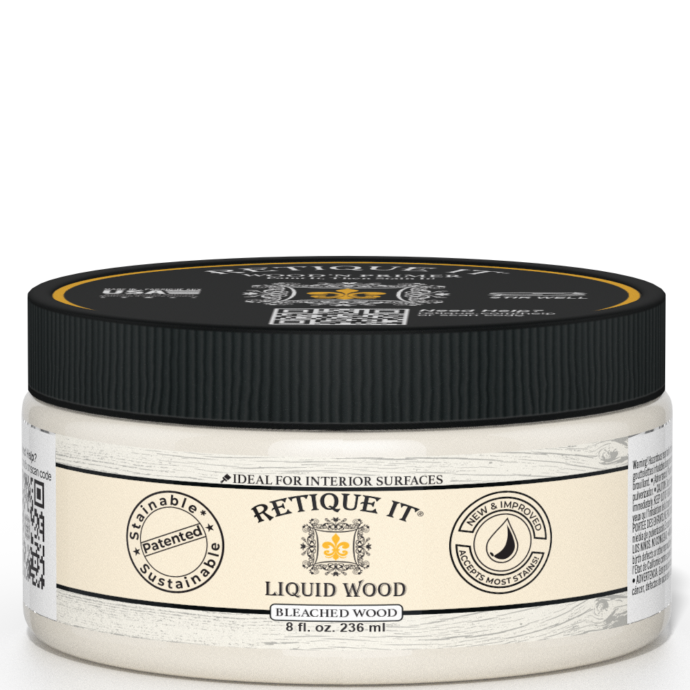 Retique It® Liquid Wood 8oz Bleached interior paint in a jar, showcasing the wood-like finish and product packaging.