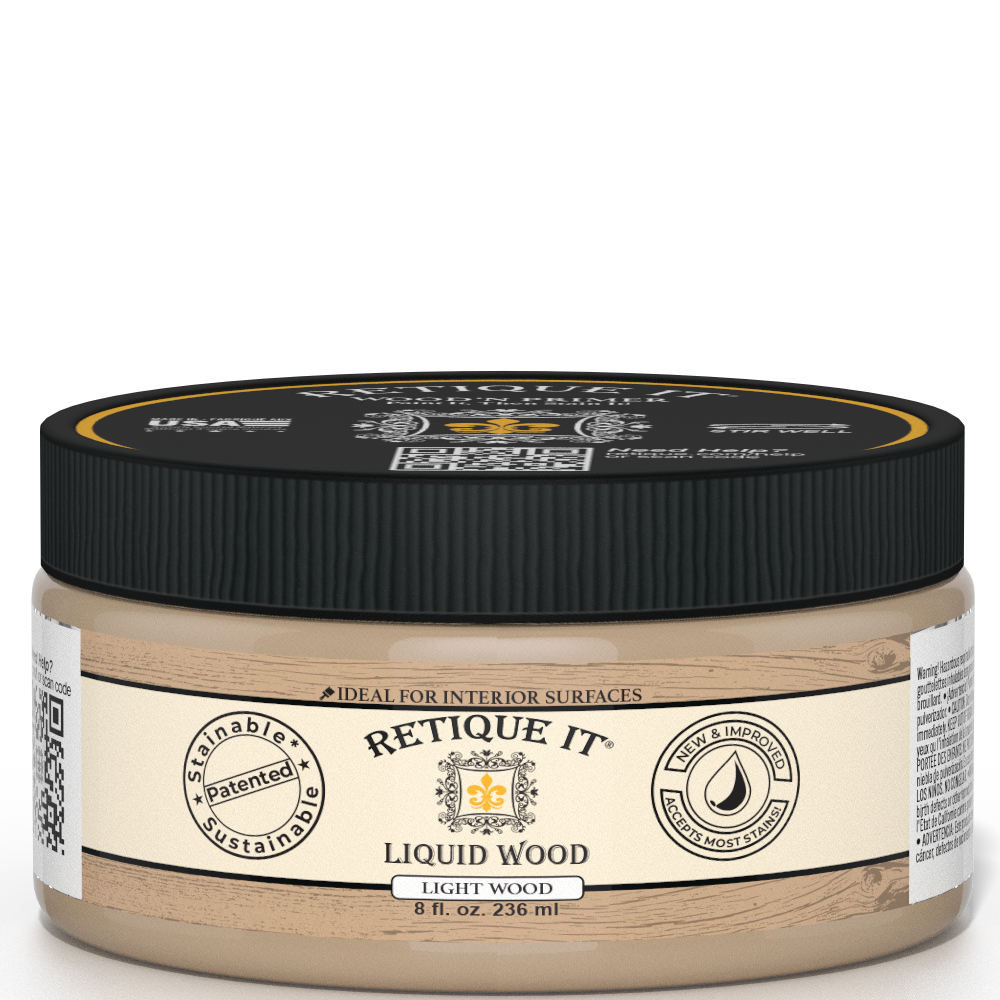 Retique It® Liquid Wood 8oz Light interior paint jar with wooden texture label and transparent lid.