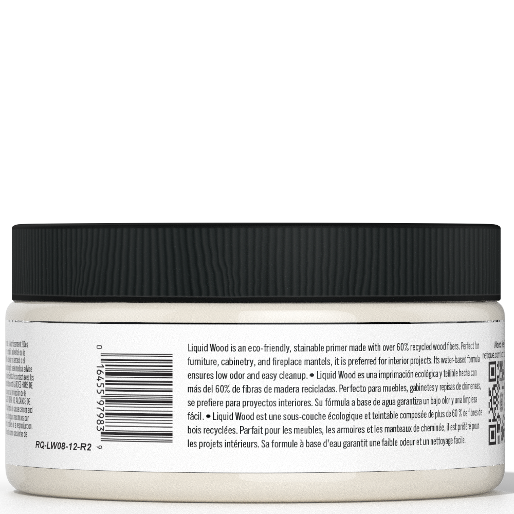 Retique It® Liquid Wood 8oz jar in bleached finish, showing the back of the container with product label and clear liquid interior.
