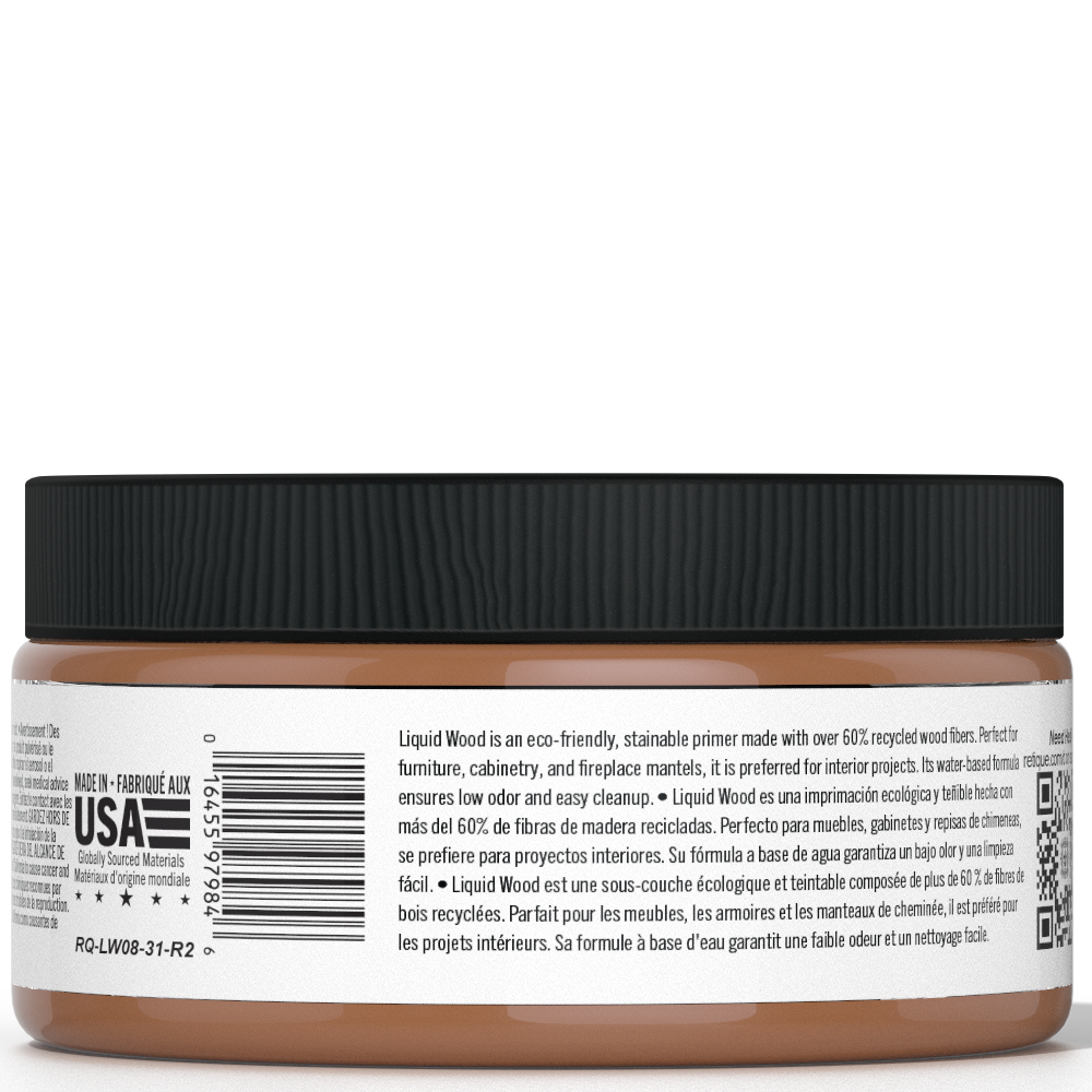 Retique It® Liquid Wood interior paint in 8oz jar, dark wood finish, shown in a jar with a smooth, dark stain appearance.