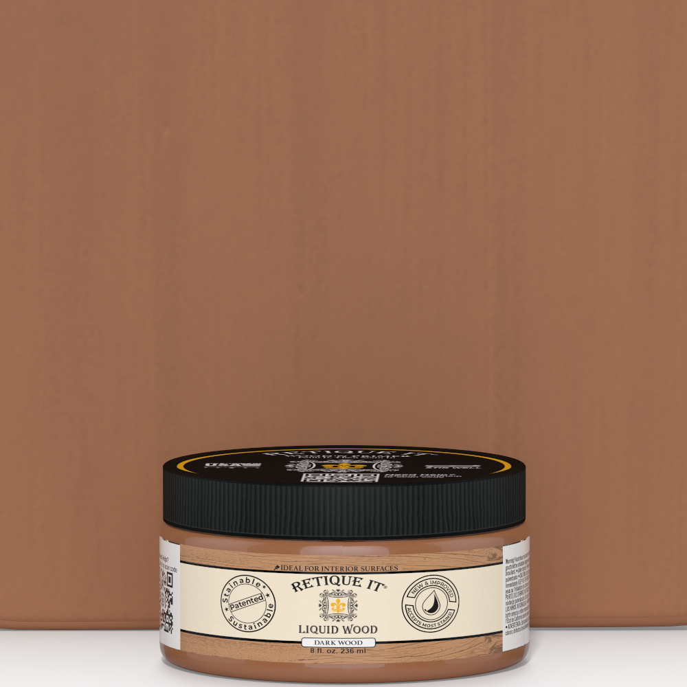 Retique It® Liquid Wood 8oz Dark interior paint jar next to color swatch, showcasing wood finish and dark stain option.