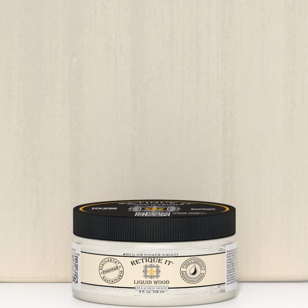 Retique It® Liquid Wood 8oz Bleached interior paint jar positioned in front of a color swatch.