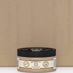 Retique It® Liquid Wood paint in 8oz light interior shade, shown in jar with sample swatch for wood finish application.