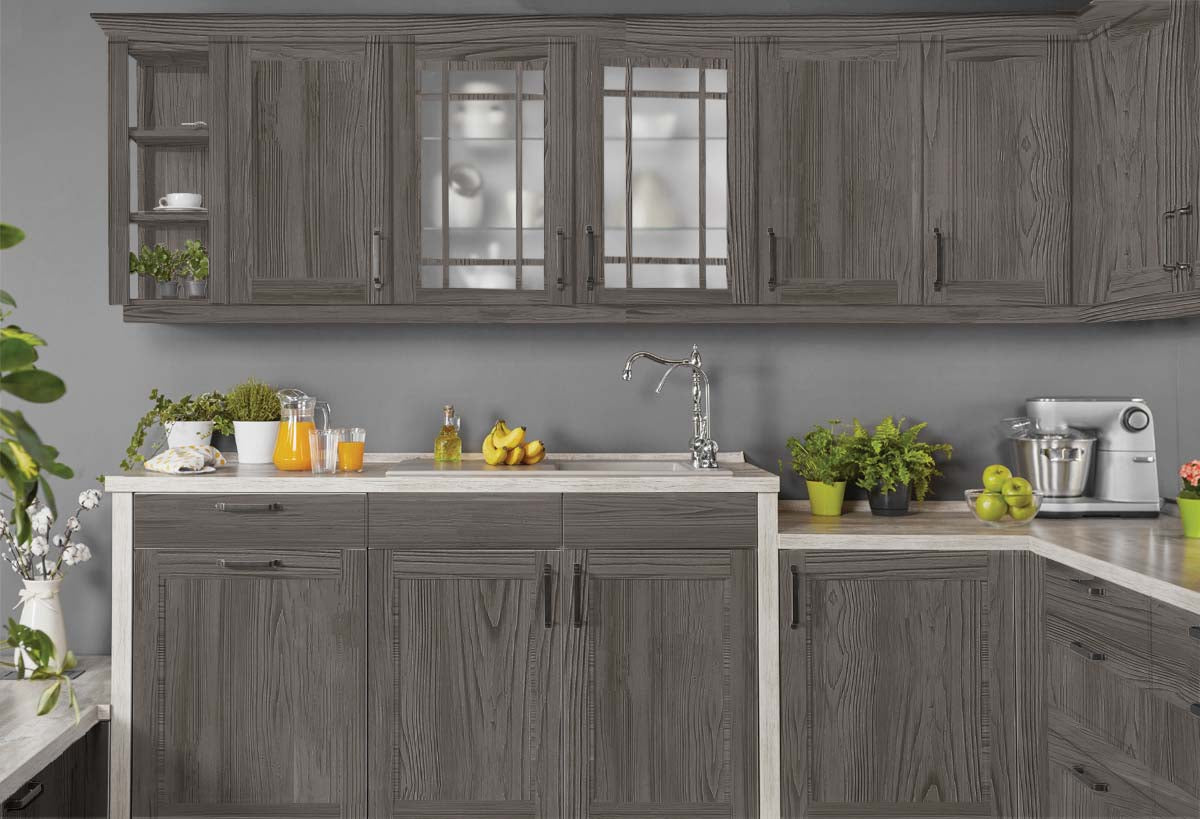 Retique It Wood'n Finish Kit Large in Harbor Gray applied to kitchen cabinets with a grained wood finish.
