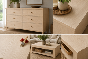 Retique It® Light Wood Kit inspiration collage featuring a natural wood dresser, coffee table, paintbrush, and red graining tool.
