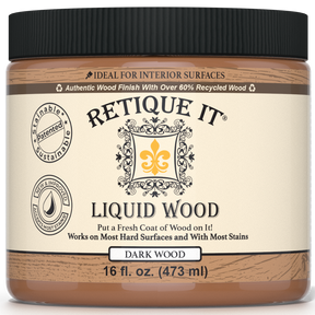 Dark liquid wood paint by Retique It® in a 16oz bottle, suitable for interior wood finishing and decorative projects.