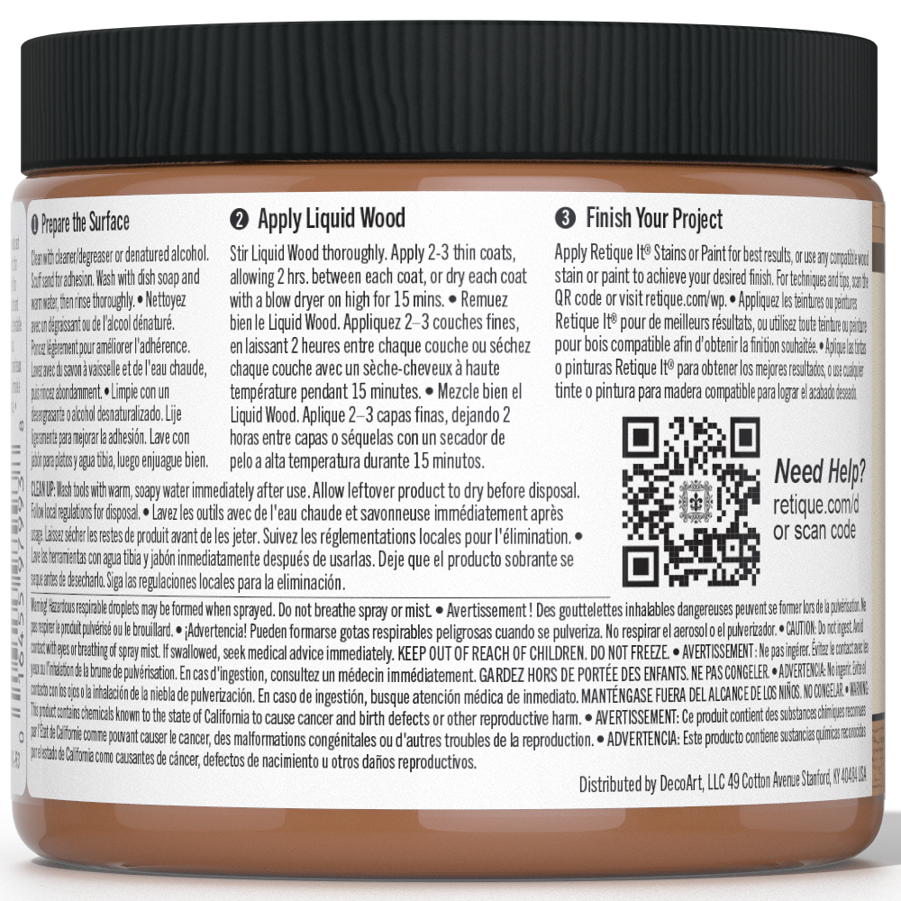 Dark 16oz Liquid Wood paint by Retique It® for interior surfaces, showcasing a rich, dark wood finish in a convenient bottle.