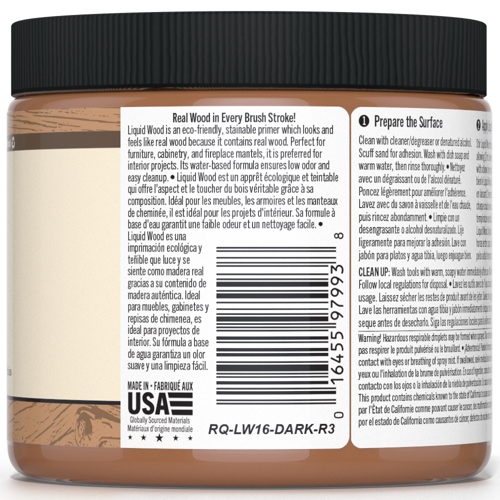 Dark liquid wood paint by Retique It® in a 16oz container, suitable for interior wood finishing and furniture projects.