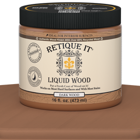 Dark liquid wood paint by Retique It® in 16oz bottle, suitable for interior wood finishing and furniture restoration.