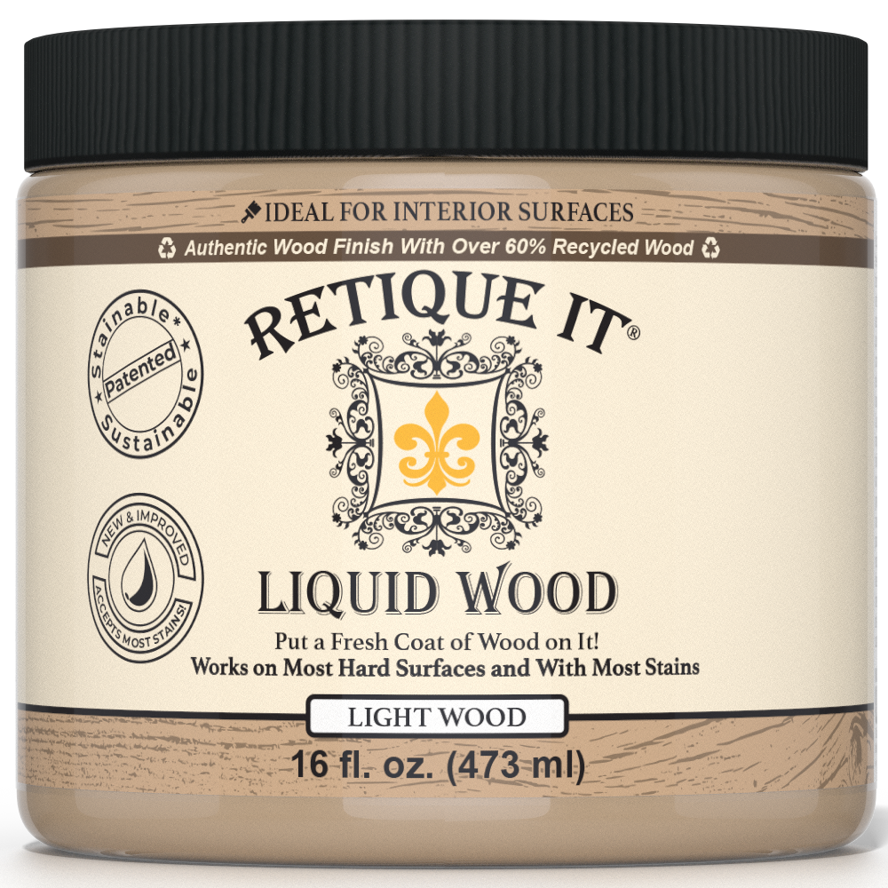 Retique It® Liquid Wood 16oz light interior paint in a jar, showcasing the smooth, light-colored wood finish for interior projects.