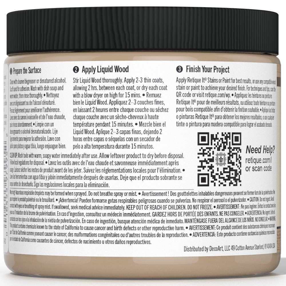 Retique It® Liquid Wood interior paint in 16oz light color, showing the smooth liquid wood finish on a surface.