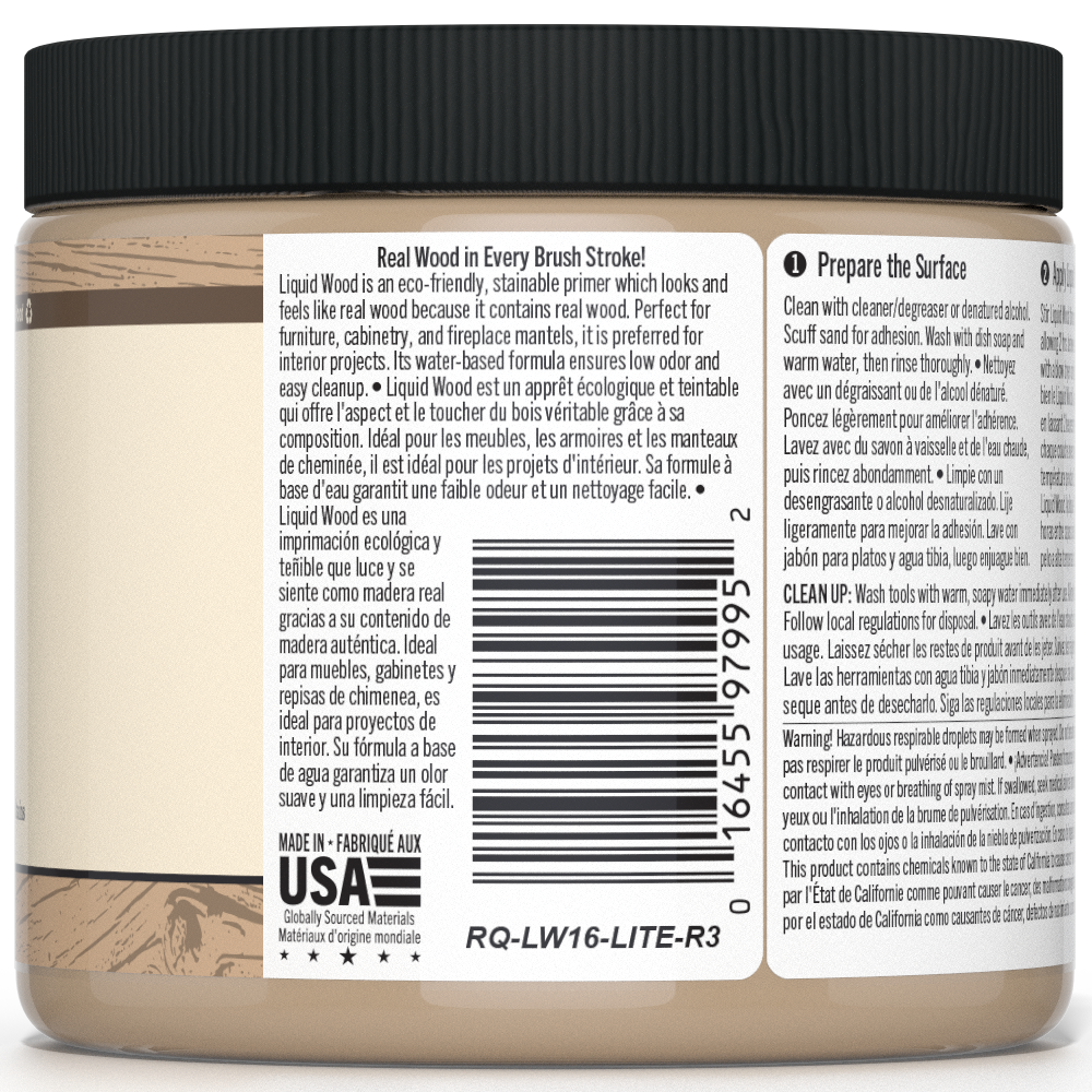 Retique It® Liquid Wood paint in 16oz light interior finish, showing a container of natural wood-colored liquid paint for interior projects.