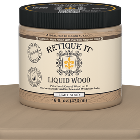 Retique It Liquid Wood interior paint in 16oz light finish, showcasing the wood grain effect on a surface.