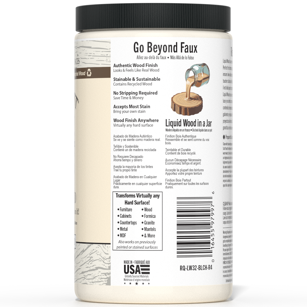 Liquid Wood bleached interior paint by Retique It® in a 32oz container, shown in a natural wood finish.