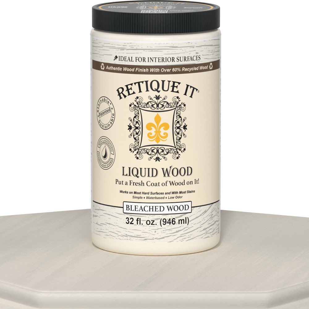 Retique It® Liquid Wood bleach-colored paint in a 32oz bottle, suitable for interior wood finishing.