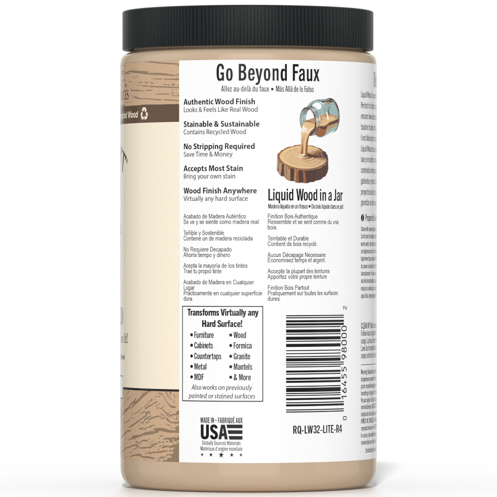 Retique It® Liquid Wood 32oz Light interior paint in a clear container, ready for wood finishing and interior decorating projects.