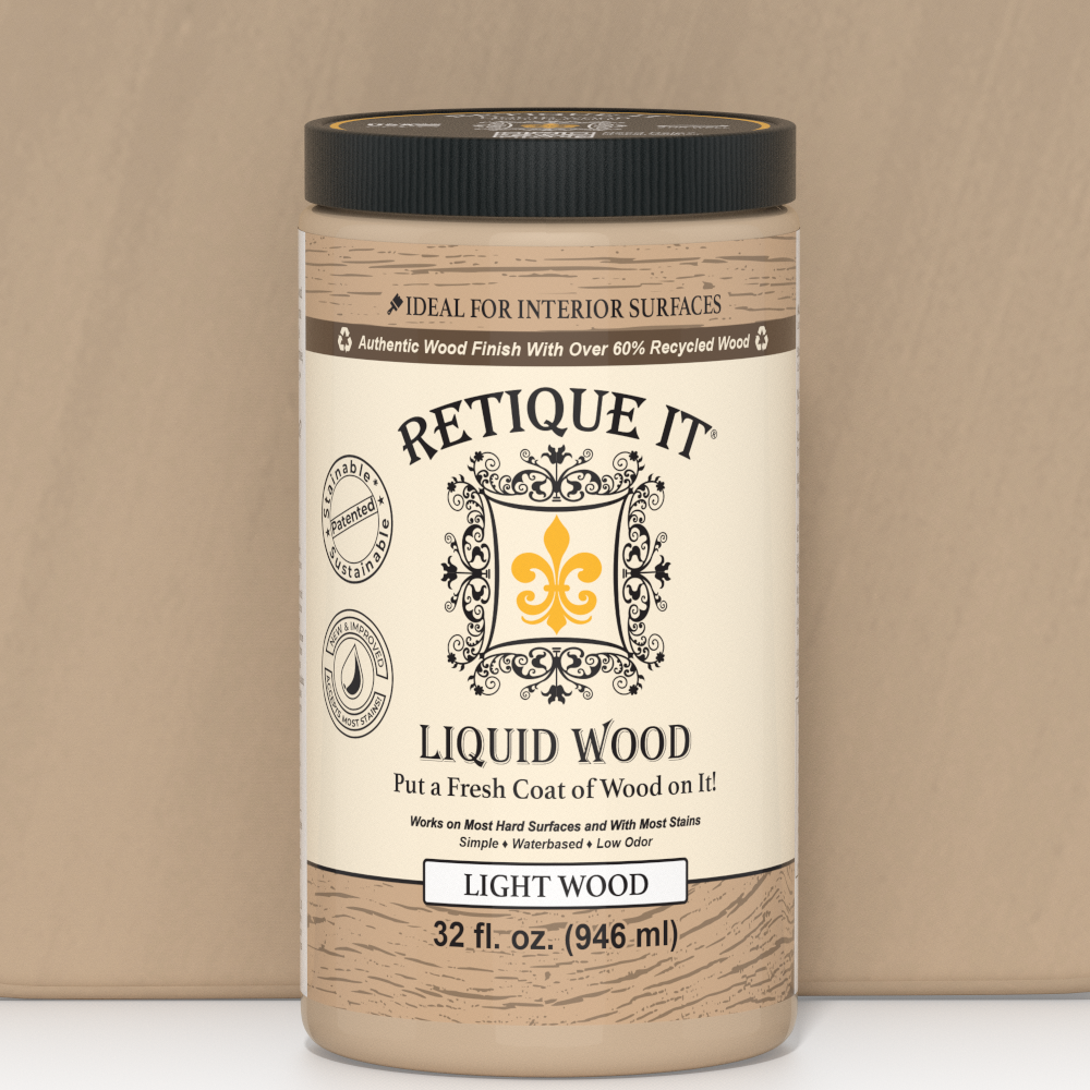 Retique It® Liquid Wood interior paint in 32oz light color, showing a close-up of the wood-like painted surface.
