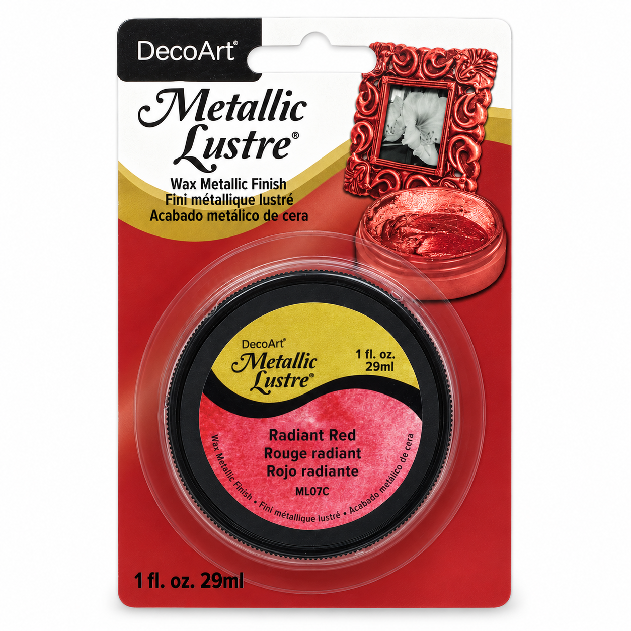 DecoArt Metallic Lustre Radiant Red metallic craft paint in a small jar