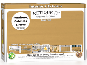 Retique It® Multi-purpose Smooth Finish Kit in Old Oak wood finish, includes tools and materials for wood finishing projects.