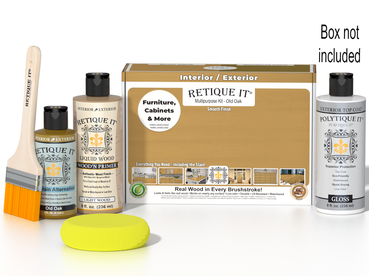 Retique It Multi-purpose Smooth Finish Kit in Old Oak for exterior wood, includes gloss top coat and application tools.