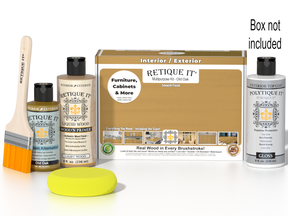 Retique It® Multi-purpose Smooth Finish Kit in Old Oak for exterior wood, includes gloss top coat and application tools.