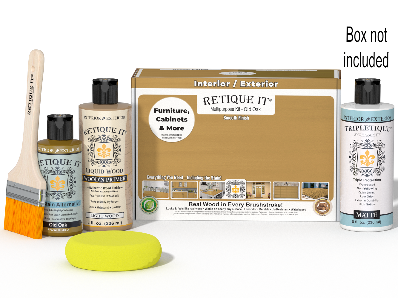 Retique It® Multi-purpose Smooth Finish Kit in Old Oak for interior wood projects, includes top coat and application tools.