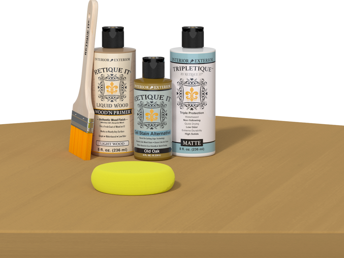 Retique It® Multi-purpose Smooth Finish Kit in Old Oak for interior wood furniture with satin top coat, shown on a table.