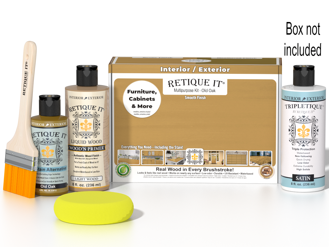 Retique It® Multi-purpose Smooth Finish Kit in Old Oak, interior top coat with satin finish, includes wood finish components and instructions.