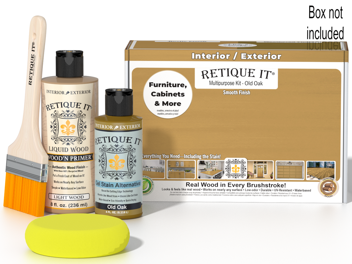 Retique It® Multi-purpose Smooth Finish Kit in Old Oak wood finish with box, ideal for furniture restoration and wood projects.